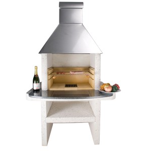 Nouvel Cheminée Rialto, barbecue en granit et acier inoxydable avec nourriture, bouteille et légumes.