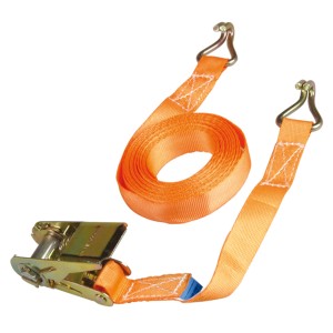 Sangle d'arrimage orange avec cliquet et crochets, longueur 5 m, pour fixation sécurisée.