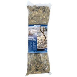 Transparenter Beutel mit Schafwoll-Isoflocken 250g. Ideal als Frostschutz für Pflanzen und Töpfe im Garten.