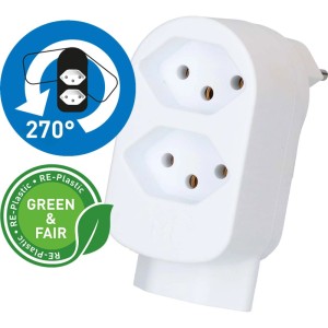 Adaptateur blanc avec 2 prises T13 à l'avant et une en dessous, rotatif.