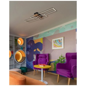 Plafonnier LED moderne Dakari en noir mat et marron foncé avec aspect bois.
