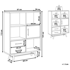 Dessin technique bibliothèque Beliani Atlanta marron. 4 compartiments ouverts, 2 tiroirs, 1 placard. Style rétro, pieds métal.
