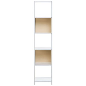 Étagère Beliani Bogota fine, blanche avec 5 niveaux et panneaux arrière aspect merisier. Haute de 165 cm, idéale comme bibliothèque.