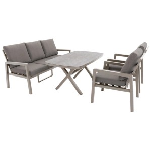Set lounge Doppler Life, 4 pezzi, alluminio sabbia-moka, con tavolo, divano e poltrone.