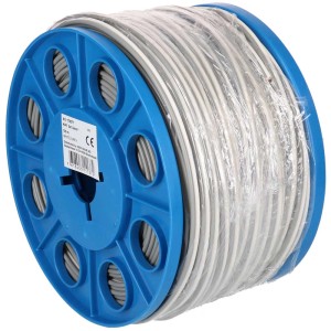 Câble de haut-parleur blanc 2x1.5 mm² au mètre sur bobine bleue.