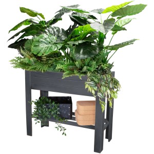 Jardinière surélevée en bois de peuplier Wagner Green Box Light anthracite avec plantes et étagère.