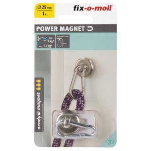 Magnete a vaso in neodimio Fix-o-moll, 40 mm, argento con moschettone per fissare oggetti.