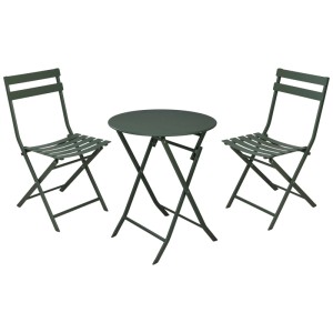 Set bistro verde 3 pezzi in acciaio verniciato a polvere con tavolo rotondo e due sedie.