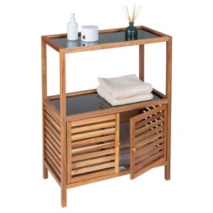 Étagère de salle de bain Wenko Fondi en acacia avec 2 portes, 2 étagères et des tablettes en verre.