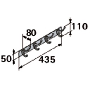 Technische Zeichnung Hettich Garderobenleiste schwarz, Alu/Zinkdruckguss, 4 Haken. Maße: 435x110x80mm.