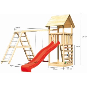 Tour de jeu en bois Karibu Lotti avec balançoire double, mur d'escalade et toboggan rouge.