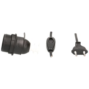 Douille noire E27 avec câble, prise et interrupteur pour installation de lampe.