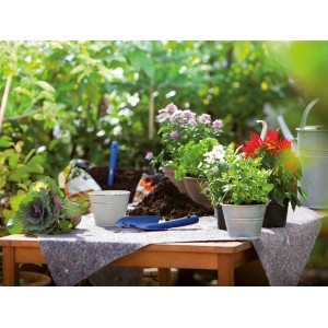 Le non-tissé de protection protège la table avec des plantes et des accessoires de jardin contre la saleté.