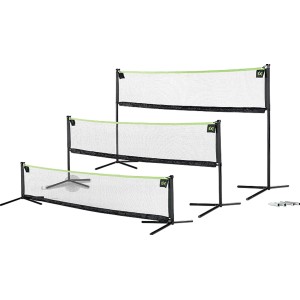 Rete sportiva EXIT regolabile, nera con bordo verde, mostrata in 3 altezze, per gioco e divertimento indoor o outdoor.