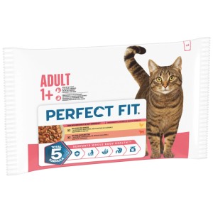 Perfect Fit cibo umido gatto Adult 1+ pollo/manzo in salsa, confezione da 4. Busta bianca con gatto.