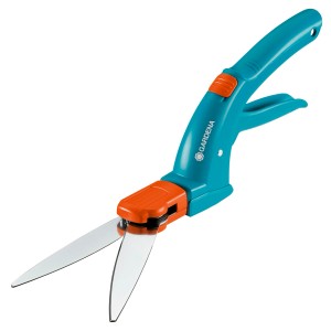 Cisailles à gazon Gardena Classic, cisailles à bordures rotatives avec poignée bleu et orange.