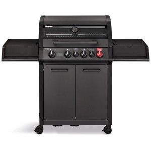 Barbecue a gas Enders Monroe Pro 4 SIK Turbo Shadow, grill nero opaco con fornello laterale e mobiletto.
