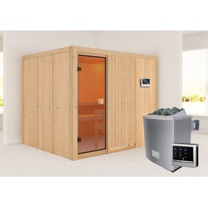 Sauna in legno massello Karibu Nybro con porta in vetro bronzato, stufa da 9 kW e controllo esterno.