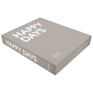 Album photo Happy Days gris dans boîte en lin, inscription 'life is a journey'.