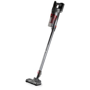 Aspirateur balai sans fil 2en1 Domo, aspirateur noir et rouge avec manche en aluminium.
