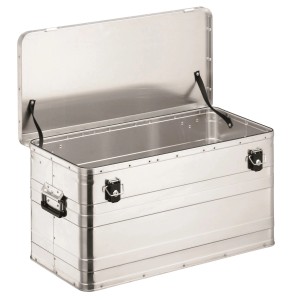 Boîte en aluminium LUX 90 l ouverte, idéale pour le stockage et le transport, avec poignées.