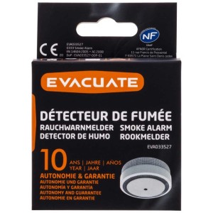 Emballage du mini détecteur de fumée EVA033527 avec image du produit. Protection incendie pour votre maison.
