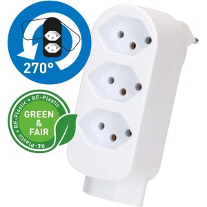 Adaptateur triple blanc pivotant Adapt avec 4 prises de type 13 en plastique.