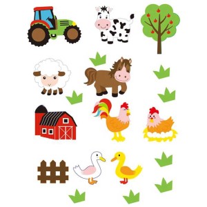 Set di adesivi in gomma crepla Fattoria: trattore, mucca, pecora, cavallo, galline, anatra, albero, fienile e recinzione.