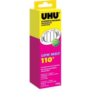 Cartouches de colle UHU Low Melt, 125g, pour pistolets à colle basse température. Bâtons de colle thermofusible en boîte.