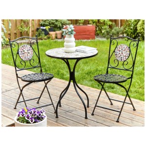 Ensemble bistro Beliani Carpino, métal noir avec motif mosaïque pour balcon ou terrasse.