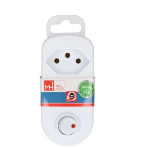 Weißer Abzweigstecker mit 2 T13-Steckdosen, drehbar und mit Schalter.