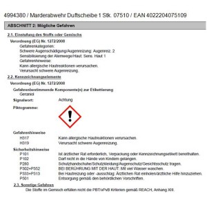 Etichetta del disco profumato repellente per martore con avvertenze di pericolo.