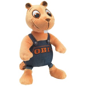 Peluche OBI Castoro, arancione, con salopette di jeans, alto 22 cm. Morbido peluche per bambini e fan di OBI.