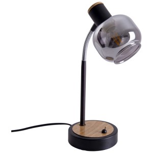 Näve Lampada da tavolo Fumoso: lampada di design con vetro fumé, base in metallo nero e effetto legno.