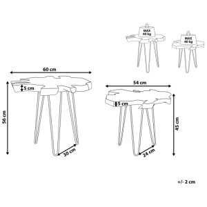 Schéma : Table d'appoint Beliani Camrose, lot de 2, teck, Ø 60/54 cm, hauteur 56/45 cm, avec dimensions.
