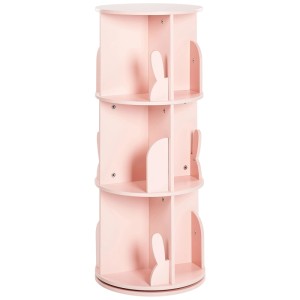Bibliothèque enfant rotative Caney rose pastel avec motif lapin. 3 étagères MDF pour livres et jouets.
