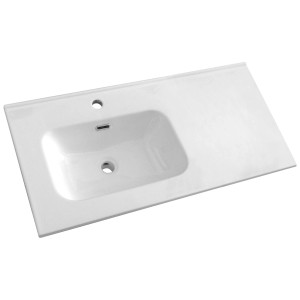 Vasque en céramique blanche brillante, cuve à gauche, 91x46 cm.