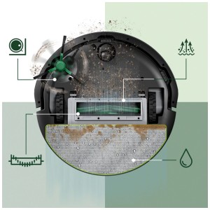 Dessous du robot aspirateur noir iRobot Roomba 105 Combo avec brosses et lingette de nettoyage.