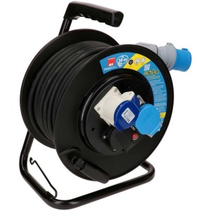 Enrouleur de câble noir avec câble de 30 m, prises T23, CEE16 et Schuko, protection IP44.