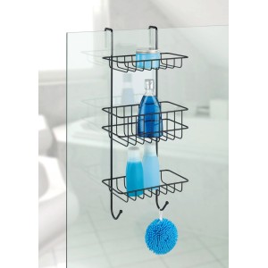 Étagère de douche noire Wenko Revigo avec 3 étagères et crochets pour suspendre au mur de la douche.