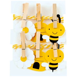 Papier-Girlande mit Bienen, Blumen und Holzklammern (180 cm) zum Aufhängen von Fotos oder Karten.