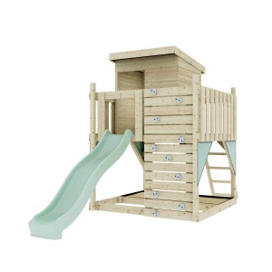 PolarPlay Cabane sur pilotis Polarlicht vert menthe avec toboggan et mur d'escalade en bois.