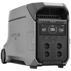 Power Station Ecoflow Delta Pro 3 CH argentée avec 4096 Wh, écran et ports.