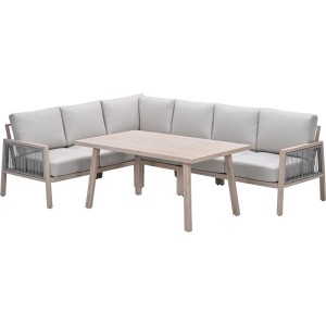 Set lounge Decala 5 pezzi effetto rovere con tavolo e divano angolare con cuscini grigi.