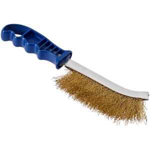 Brosse métallique universelle LUX avec manche bleu et poils en laiton pour nettoyage et dérouillage.