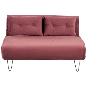 Canapé-lit rose Vestfold avec revêtement en velours, 2 places, style rétro avec coutures boutonnées et pieds dorés.