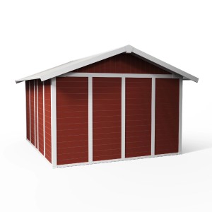 Casetta da giardino in plastica rossa Grosfillex Deco H 11 con telaio bianco.