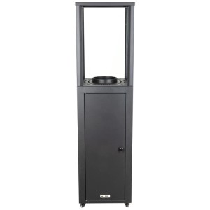 Nouvel Pellet-Heizstrahler Bonita, schwarz, mit Sichtfenster und Rollen für den flexiblen Einsatz im Außenbereich.
