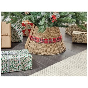 Collerette pour sapin de Noël Beliani Marche en jonc de mer naturel avec ruban écossais rouge, Ø 45 cm.