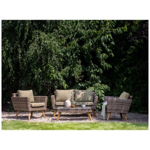 Beliani Set lounge Vittoria, 3 pezzi, in polyrattan verde, con tavolo e cuscini per il giardino.